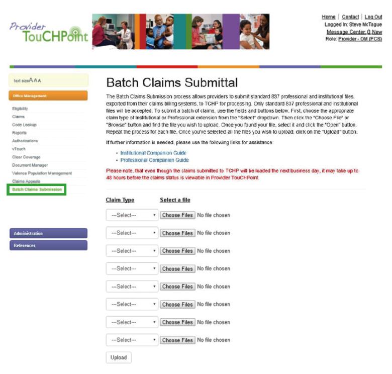 Batch Claims Submittal Step 1: Perform an export of the claims to be submitted from your CLAIMS BILL- ING SYSTEM. The accepted file formats are 837 Institutional or 837 Professional.