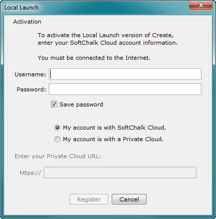8. Local Launch Activation Screen appears the first time you start Local Launch. Fill out the username (or the email you have associated with your account) and password and click Register (see below).