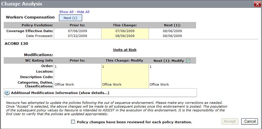 Nexsure Training Manual - CRM 9. Confirm the coverage effective date and changes, select the Policy changes have been reviewed for each policy iteration check box to activate the Accept button.
