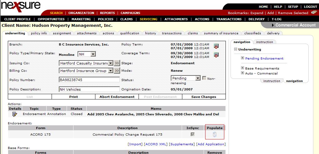 Nexsure Training Manual - CRM Completing the Change and Populating The underwriting tab displays the policy header with a light blue diamond background.