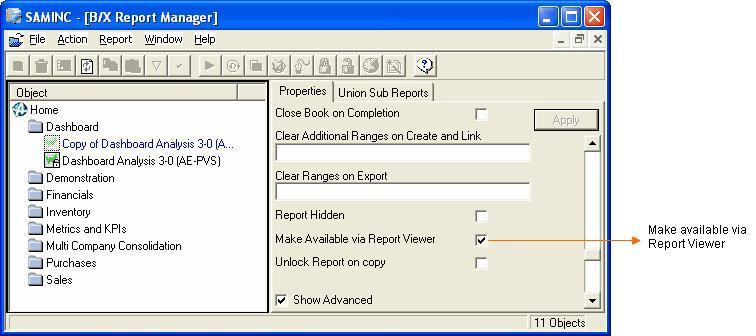 Sage Accpac Intelligence Intermediate Report Design Lesson 7 Managing Reports Adding Reports to the Report Viewer In the Report Manager, when a report is selected as "Make Available via Report