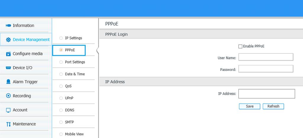 Select [Enable PPPoE], and enter right user name, password and IP address, click set and save set item. Then you can use PPPoE. 4.