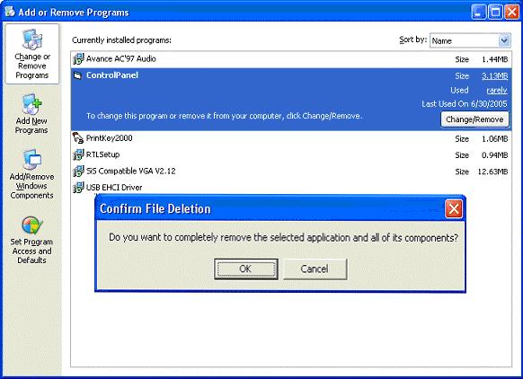 select the Removed program and ControlPanel program on the