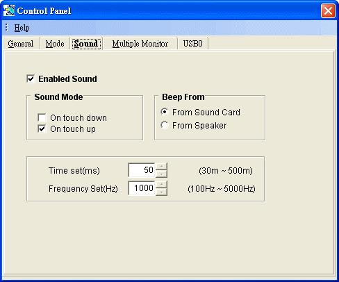 Sound: The Sound tab is setting the sound alarm when you touch the touchscreen. You can set the sound from sound card or "Beep" to the system speaker.