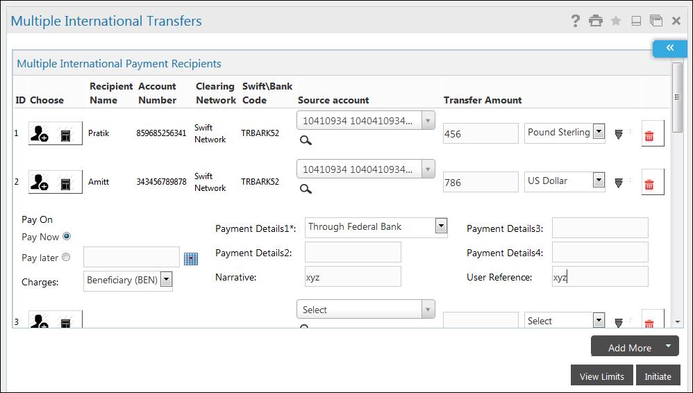 Multiple International Transfer Field ID Recipient Name Recipient Account Number Displays the Payment Instruction Number. Displays the Recipient Name. Displays the Recipient s Account Number.