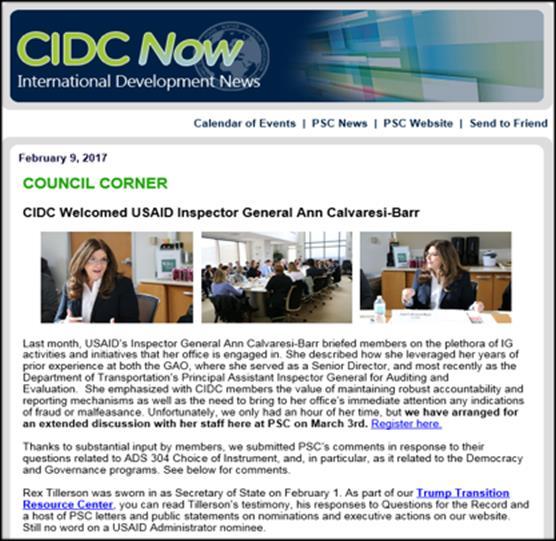 CIDCNow Designed to communicate the activities and work of PSC s USAID and State Department partners.