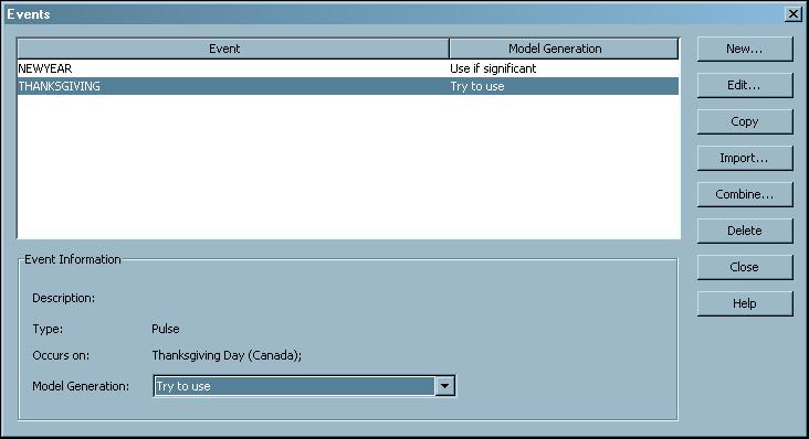 Working in SAS Forecast Studio Working with Events Managing Events The Events dialog box enables you to manage your events.