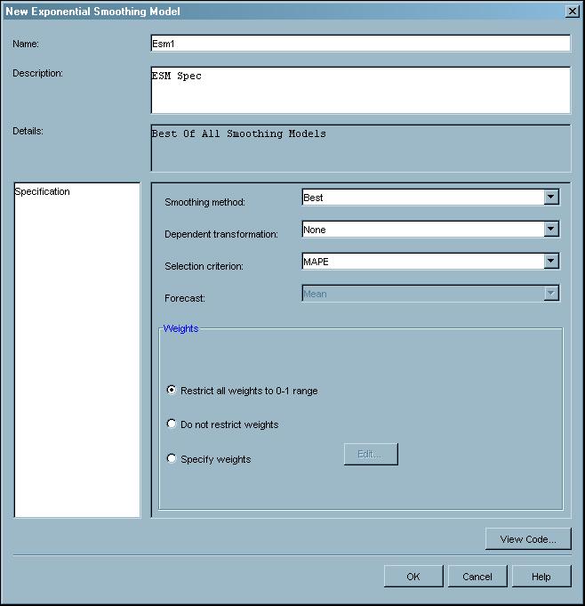 Working in SAS Forecast Studio Creating User-Defined Models Figure 10.4. New Exponential Smoothing Model Dialog Box Note: The Edit Exponential Smoothing Model window opens when you edit a model.