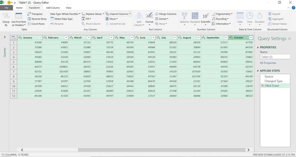Normalizing Tables Screen 4 5. Select the columns that need to be unpivot which are January to October. 6.