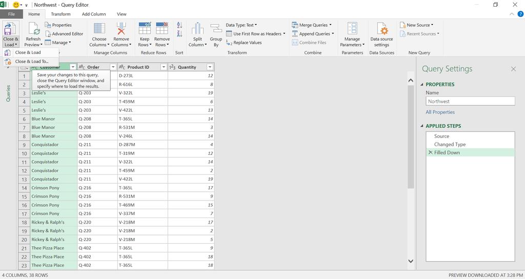 Merging Tables Screen 2 4. Select each table and click on Data Tab > From Table > Transform Tab > Fill > Down where customer column is selected. 5.