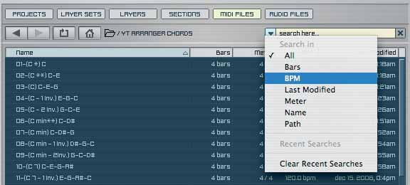 170 CHAPTER 8 Browser The search parameters for MIDI files are different from the Projects, Layer Sets, Layers and Sections parameters.