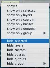 176 CHAPTER 9 Mixer Show/Hide Editor Definitely the most commonly used editing function of the mixer! The show/hide editor contains the appropriate pull-down menu and the Edit Selection Window.