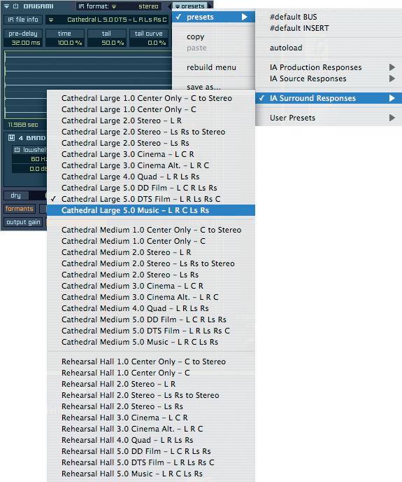 216 CHAPTER 11 Insert Filter and Effects Since Origami also supports surround impulse response files, there is a separate tab for the already included surround presets.