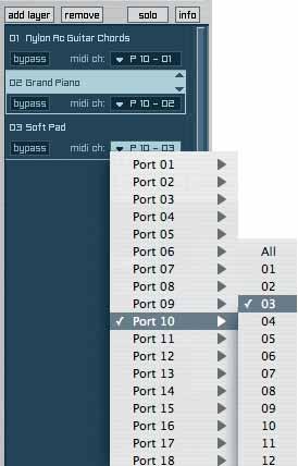 Layer contains its own MIDI channel pull-down menu.