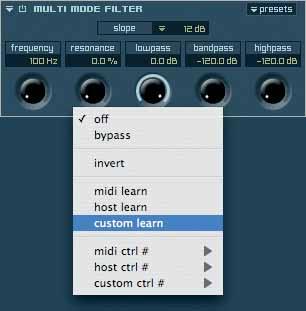 custom control knobs or buttons (in the example we chose the resonance parameter of the insert Multimode Filter on the Modules page): To finish the assignment you only have to click on the knob or