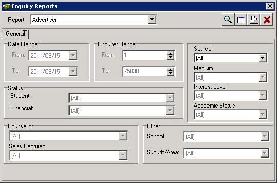 Here you are able to generate the following reports within a specific date range: Enquiries captured by a specific
