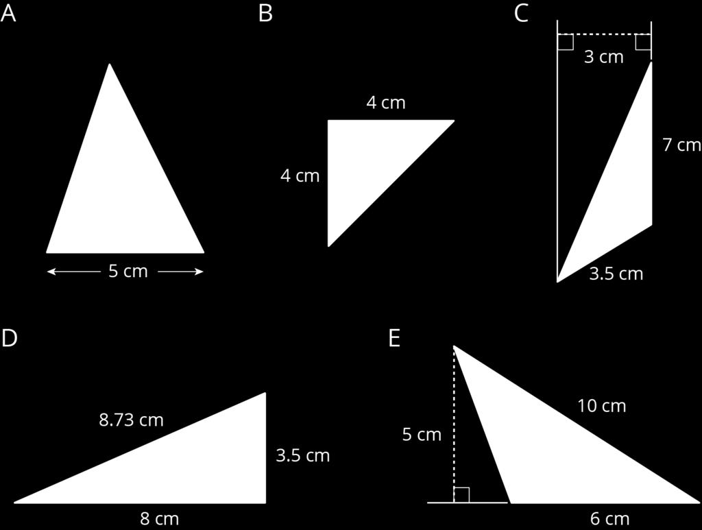triangle base (units) height (units) area (square units) A B C D any triangle 9.