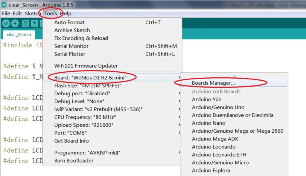 D. click Tools->Board:xxx->Boards Manager to install Hardware package, As shown in the