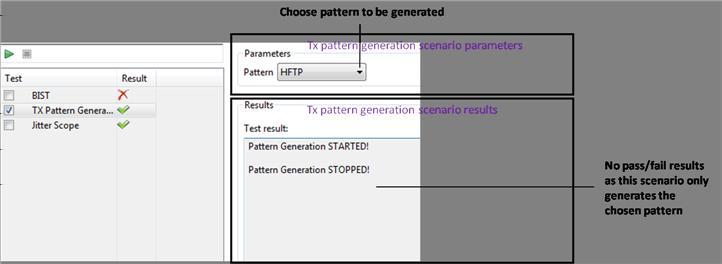 3.2 Tx pattern generation scenario Running the Tx pattern generation scenario drives the SerDes module to generate a specific pattern (set up by the user) on the Tx side of the lane that is being