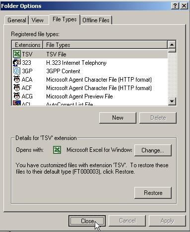 Notice that the TSV file type now has an Excel icon