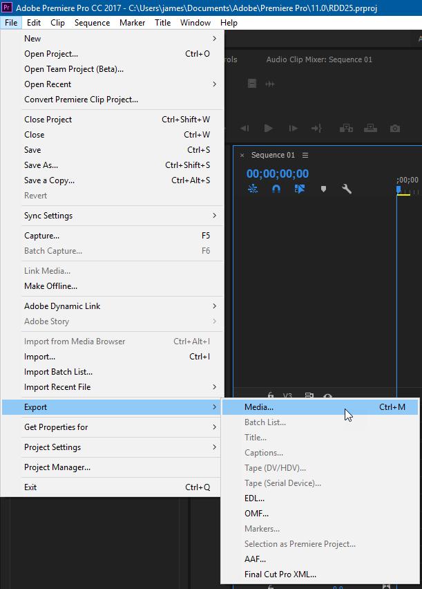 To export a file from Premiere,