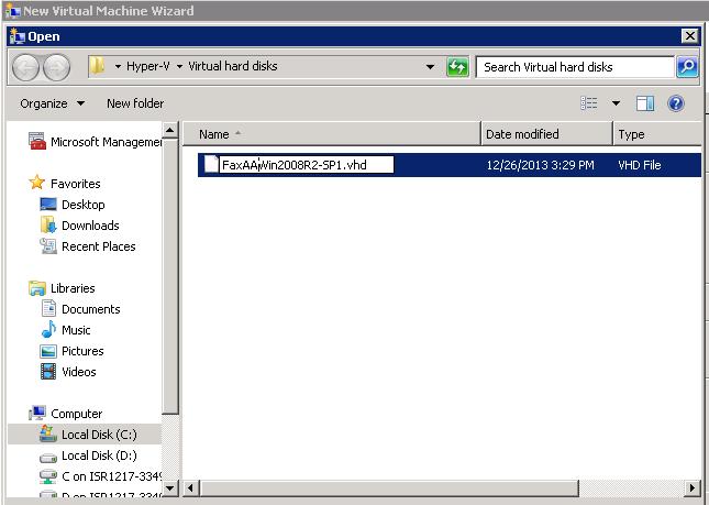 Click Browse, and then navigate to the location of the vhd file: C:\Users\Public\Documents\Hyper-V\Virtual hard disks\faxattwin2008r2-sp1.vhd; 22.