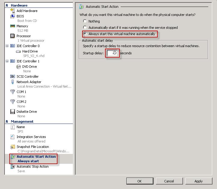 Installation Guide 2. Prerequisites 30. In the Management tree, select the Automatic Start Action Always start option; the Automatic Start Action screen opens. Figure 2-17: Automatic Start Action 31.