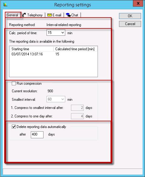 Reporting Settings - General Reporting method: Interval-related (default) or Back Office (configured during the installation of IP Office Contact Center).