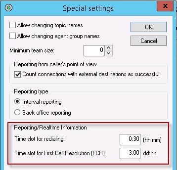 d) Reporting/Realtime Information: The two settings for this aspect are Time slot for redialing and Time slot for First Call Resolution.
