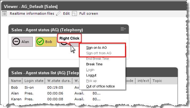 Sign on to / off from AG It is possible to change Agent states within the Real-time Screens.