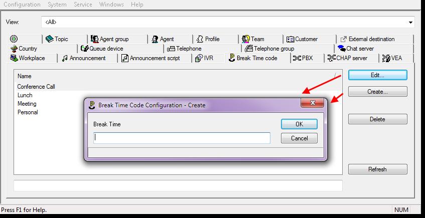 1. Click on the Create button in the Break Time code screen. The Break Time Code Configuration screen is displayed. Enter a description for the new code and then click OK. 2.