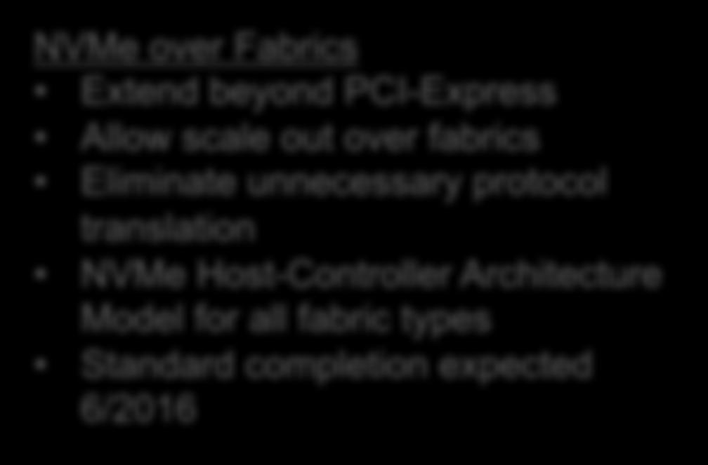 beyond PCI-Express Allow scale out over fabrics Eliminate unnecessary protocol translation NVMe