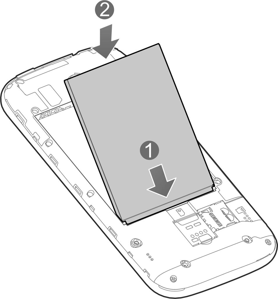 3. Align the connectors on the phone and the battery and slide the battery into the compartment (1). Then gently press the battery down until it is secured (2). 4.