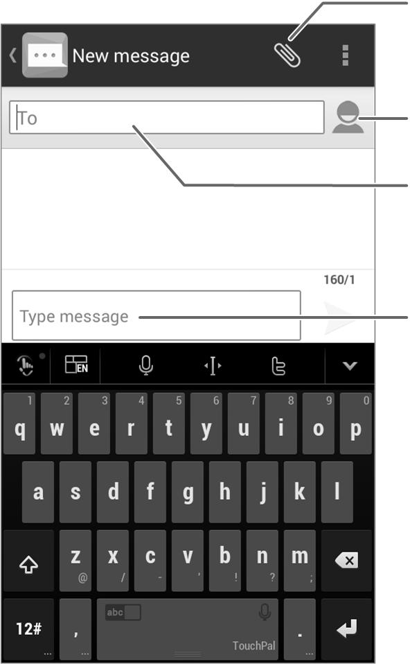 Sending a Message 1. Touch the Home Key >, then touch. 2. Enter the recipient(s) and message text. If you want to send an MMS, add subject and attachments.