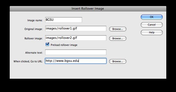 Dreamweaver CS4 21 Fig.23: Rollover Image window ROLLOVER IMAGES Rollover images allow you to have a graphic change to a different graphic when the mouse rolls over it.