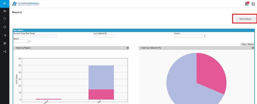 User Reports ComplianceDesktop Dashboard reporting functionality offer s admins the opportunity to create and view reports based date range, time last update and region and country.