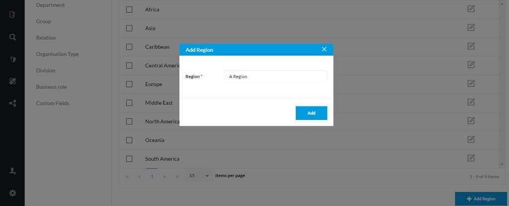 Step 2: Add the name of the region required within the Region* field and press the Add bu