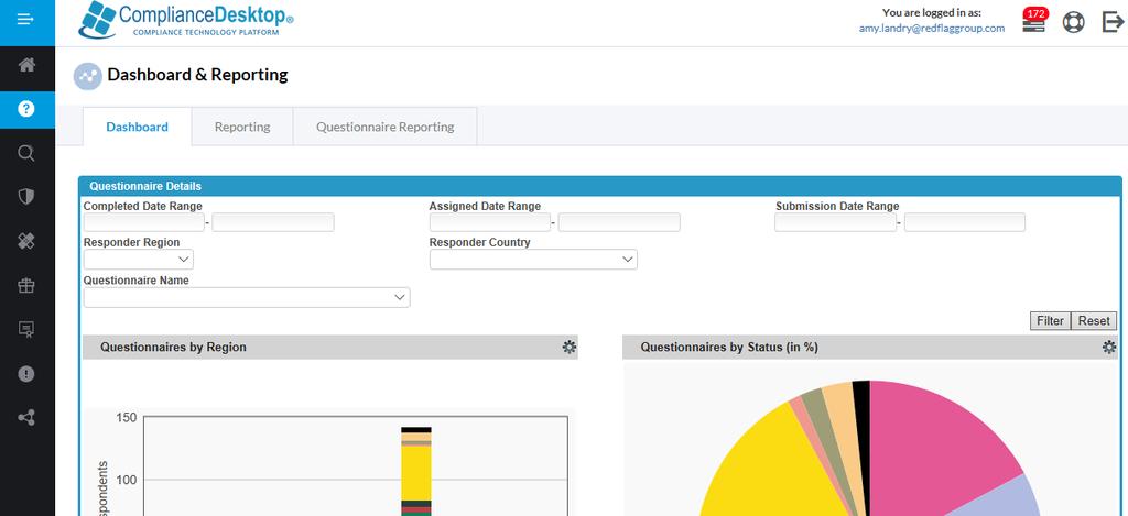 4.4 Dashboard and Reporting ComplianceDesktop reporting functionality offer s admins the opportunity to create and view dashboard reports based date range, time last update and region and country.
