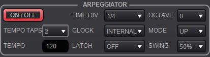 Arpeggiator You can edit various parameters for the arpeggiator. To activate or deactivate the arpeggiator: Click the On/Off icon.