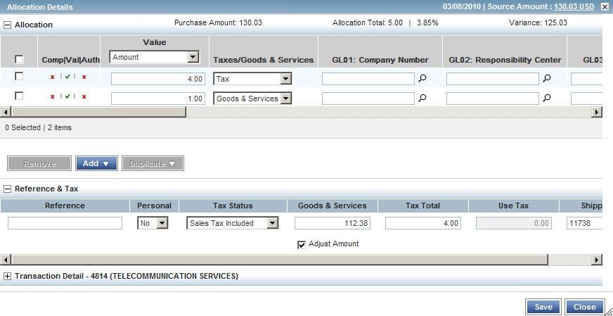 4. Select Allocate / Edit. The Allocation Details screen displays (Figure 2). Figure 2: Allocation Details Screen 5. Complete one of the following: To... Add an allocation line Then... a. Click Add.