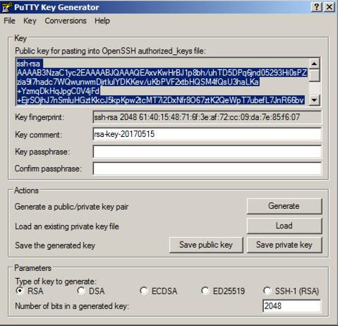 In PuTTYgen, select all of the text in the Public key for pasting into OpenSSH authorized_keys file box and copy it to