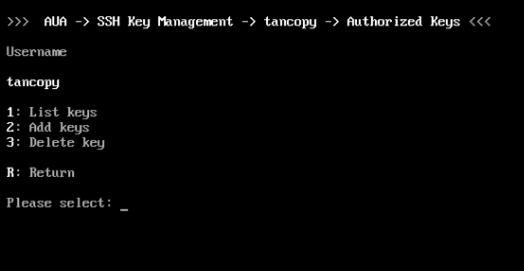 6. Enter the line number for the tancopy user to display the key management menu for this user. 7.