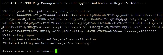 Enter 2 and then follow the prompts to add the contents of the public key generated in Step 1. Display public keys 1.
