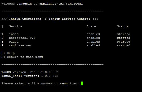 3. Enter 1 to go to the Tanium Service Control menu. 4.