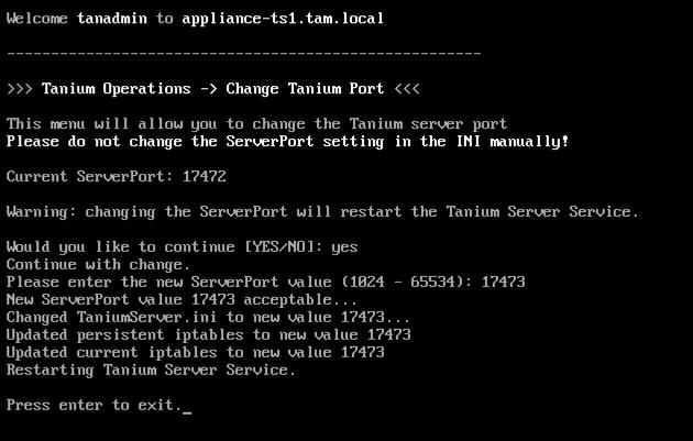 4. Use the menu to view and edit Tanium server configuration files. To change the Tanium Server port: 1.