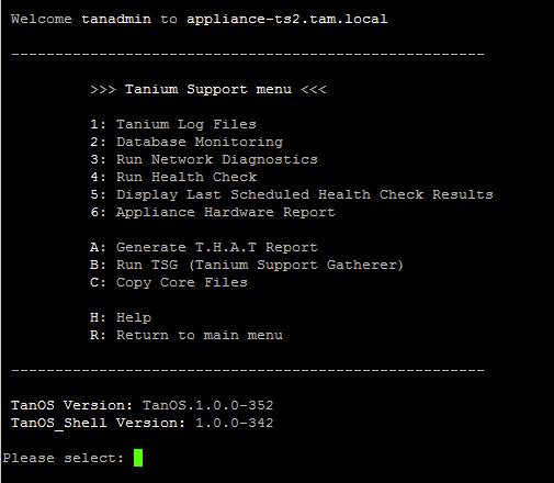 2. Enter 3 to go to the Tanium Support menu. 3. Use the menu to run a report. Use the Status menus System Status shows OS and network status.