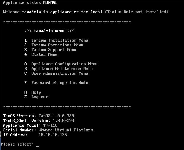 Install the Zone Server 1. Log into the Zone Server appliance as the user tanadmin.