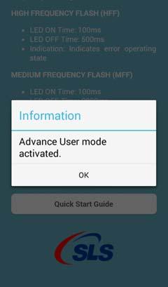Advance User Mode Activate Advance User Mode To activate the advance user mode, tap fifteen times on SLS logo on TSCH STANDARD 420 Help information screen.
