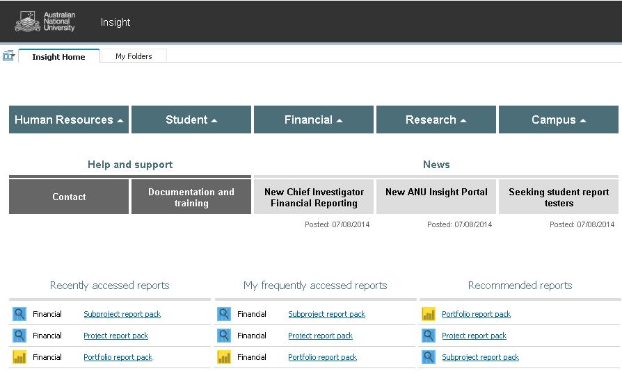 Logging into Insight The Subproject report pack is accessed via the University s Information Management System known as ANU Insight.