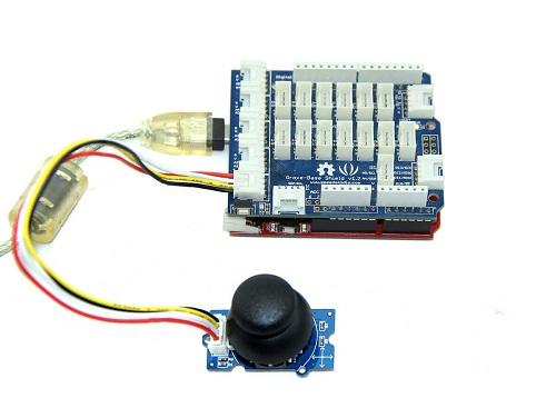 Usage With Arduino The Grove - Thumb Joystick is an analog device that outputs analog signal ranging from 0 to 1023. That requires us to use the analog port of Arduino to take the readings. 1.Connect the module to the A0/A1 of Grove - Base Shield using the 4-pin grove cable.